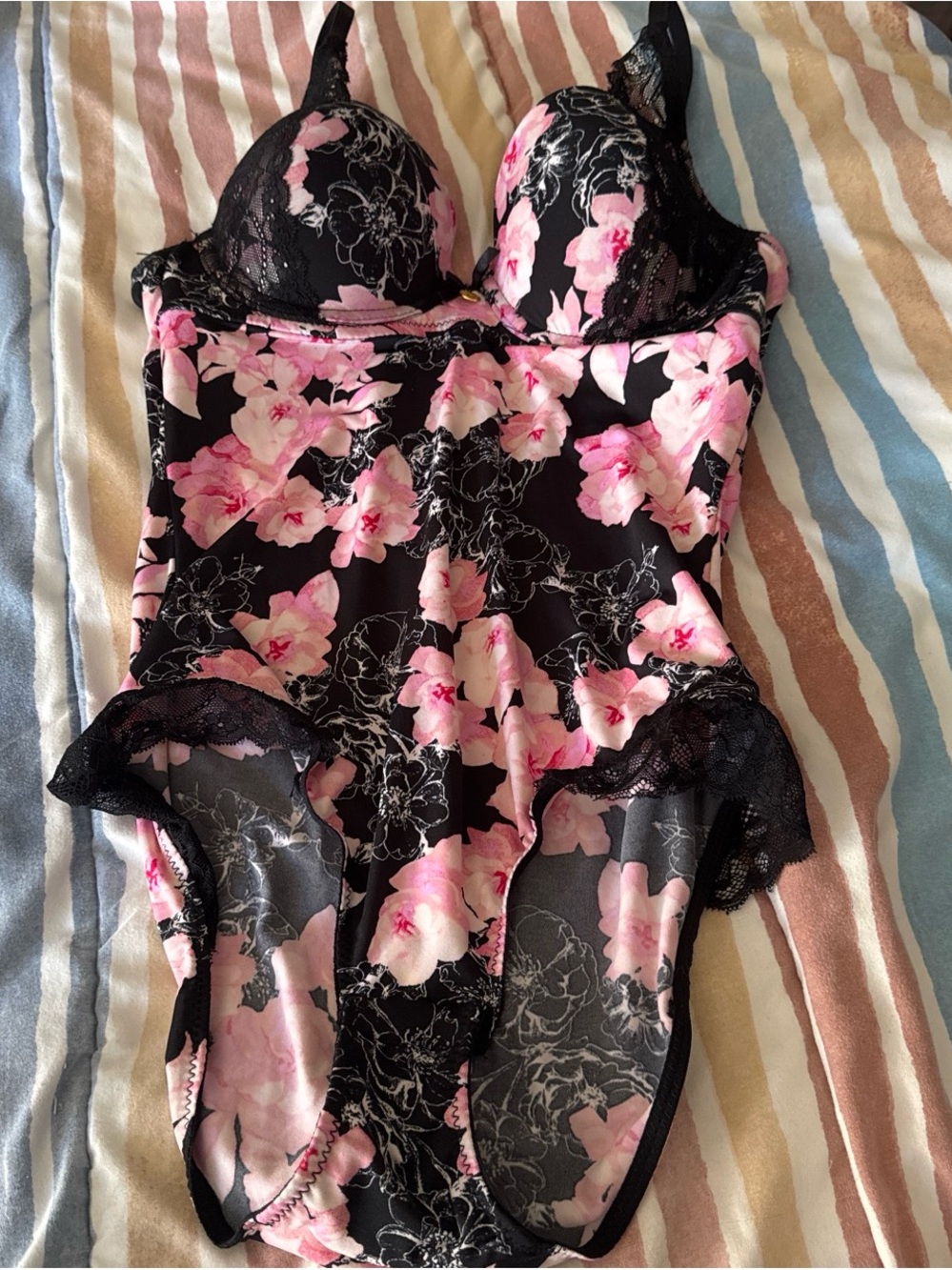 Jessica Simpson Black and Pink Floral Lace Bodysuit with Sheer Lace Trim